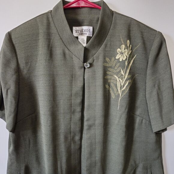Studio 1 Petite Olive Green Embroidered Short Sleeve Blazer Jacket 10P VTG - Picture 3 of 10